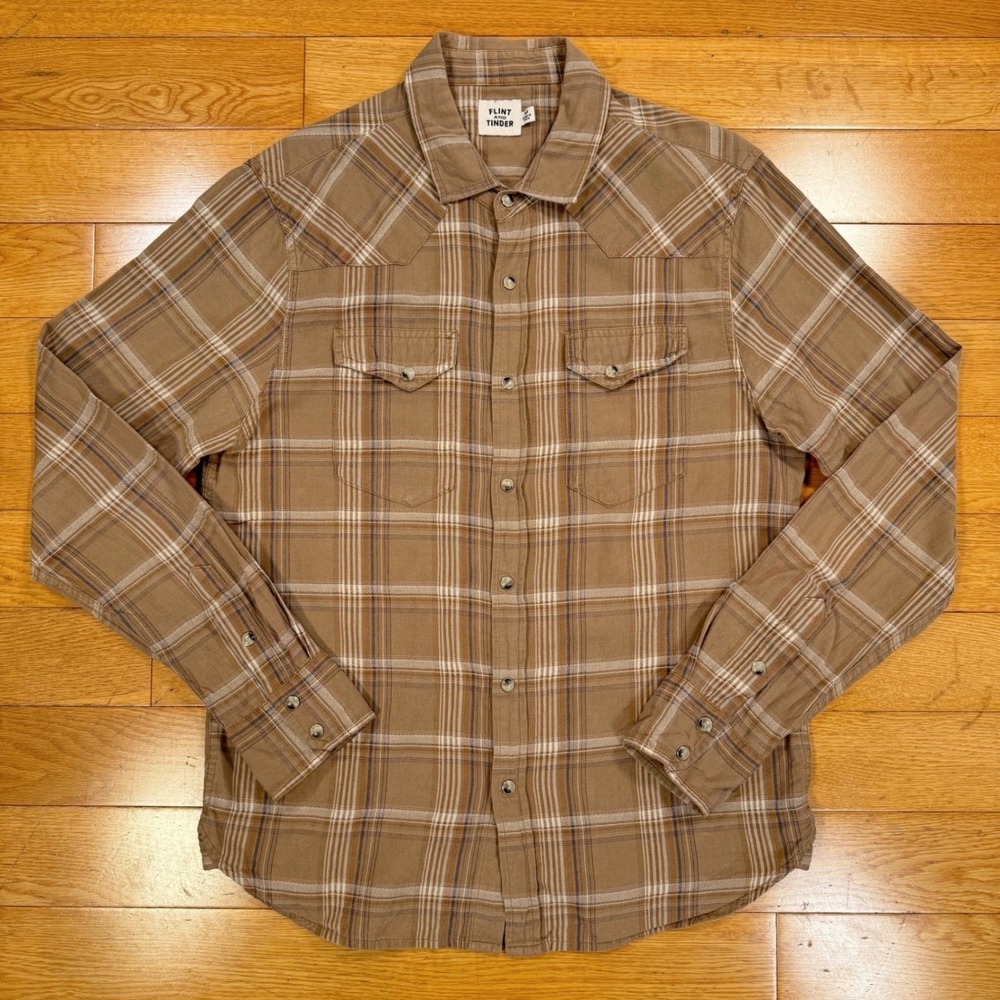 Flint and Tinder Mens Brown Plaid Western Snap Button Long Sleeve Shirt Size M